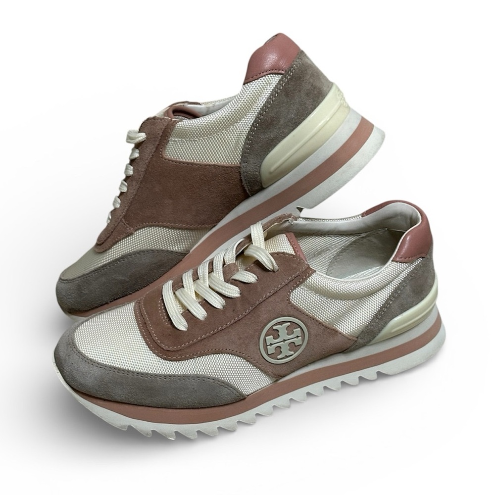 Tory Burch Dusty Rose, Taupe & Cream Mesh Suede Sneakers